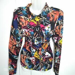 BCBG Max Azria Long Sleeve Butterfly Print Button-up Stretch Shirt NWT
